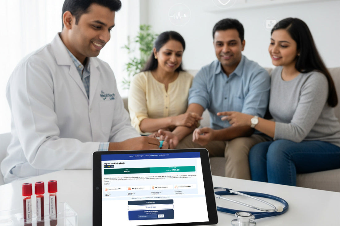 Doctor consulting a family with online health checkup report on tablet, showcasing Aayush Suraksha Basic preventive health package for affordable medical care.