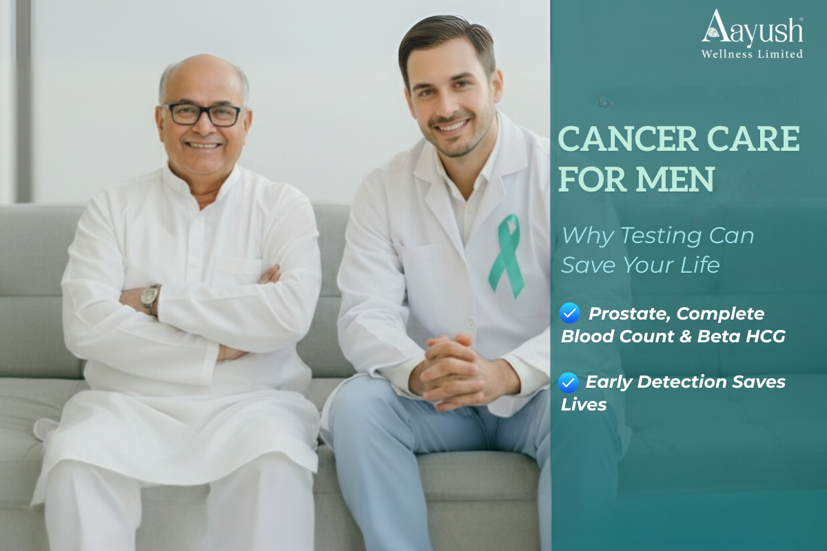 Aayush Labs Cancer Care for Men Doctor and patient promoting Prostate, CBC & Beta HCG tests for early detection.