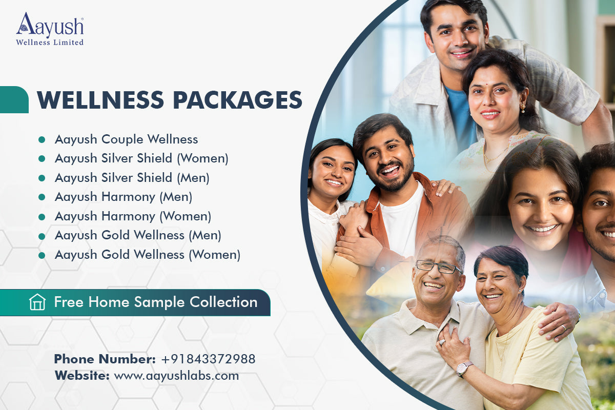 Aayush Labs Packages for men, women, and couples with free home sample collection – Silver Shield, Harmony, and Gold Wellness health checkup plans