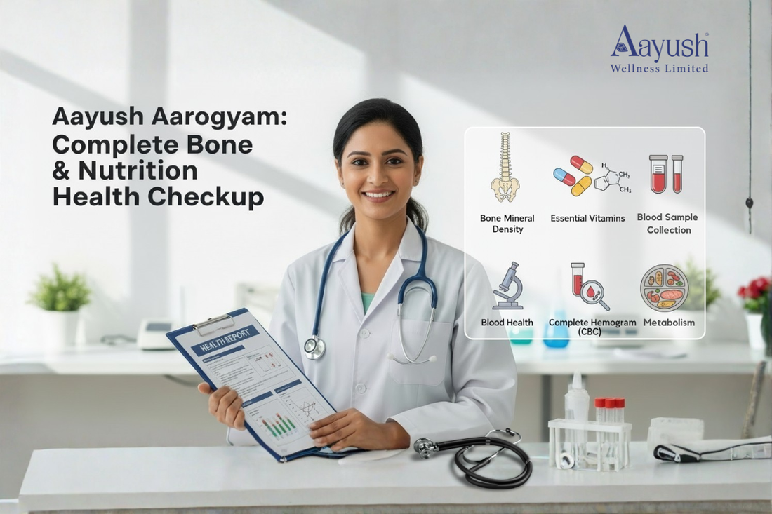 Aayush Aarogyam Complete Bone and Nutrition Health Checkup featuring a doctor, health report, and icons for bone mineral density, essential vitamins, blood health, CBC, and metabolism.