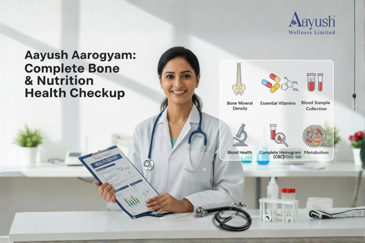 Aayush Aarogyam Complete Bone and Nutrition Health Checkup featuring a doctor, health report, and icons for bone mineral density, essential vitamins, blood health, CBC, and metabolism.
