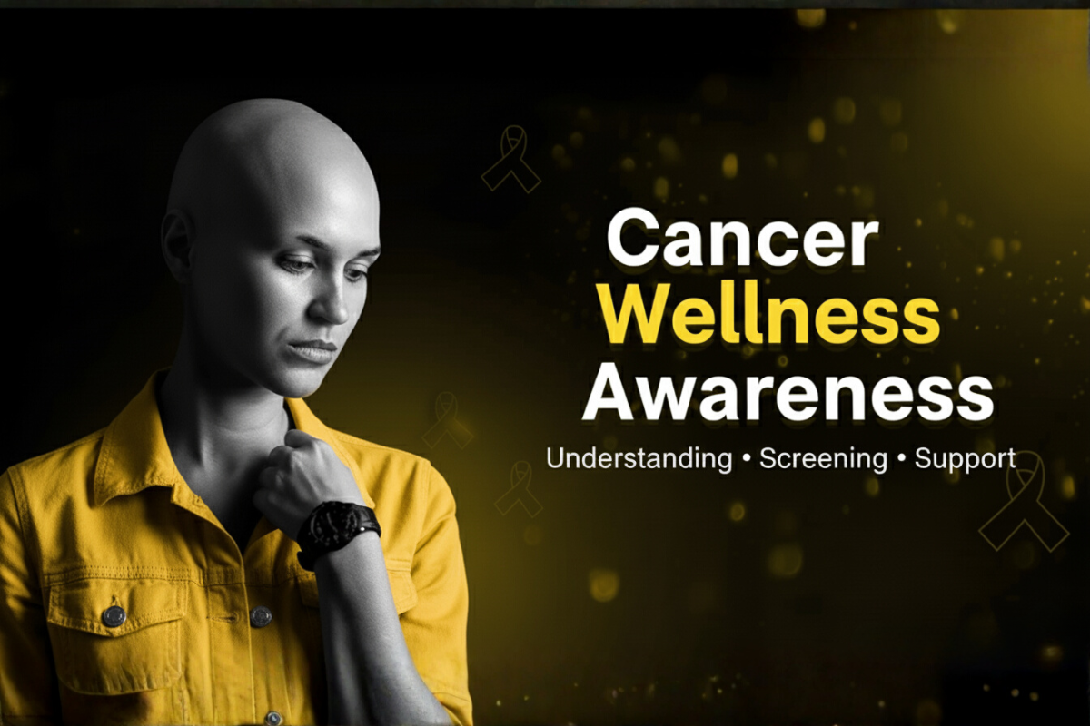 Cancer wellness awareness banner with a woman in yellow.