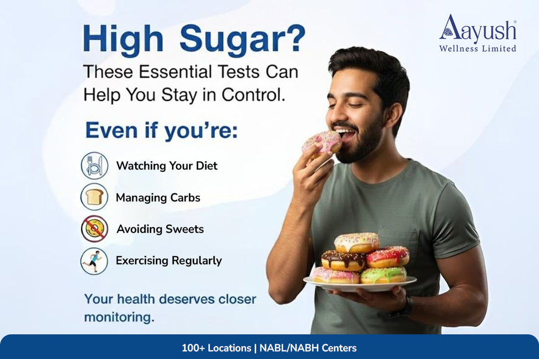 Young man with donuts raising diabetes test awareness for Aayush Wellness.