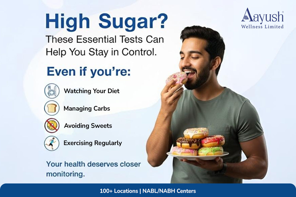 Young man with donuts raising diabetes test awareness for Aayush Wellness.